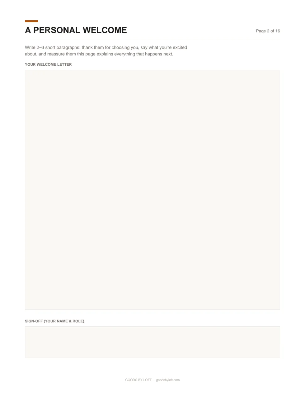 The welcome letter, with prompts that sound like you